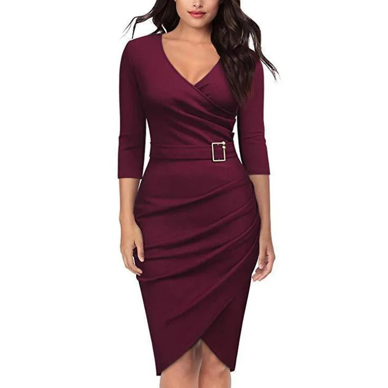 Kleid | Stilvolles Kleid mit V-Ausschnitt, hoher Taille, Gürtel und 3/4-Ärmeln für Damen, geeignet für Büro oder Partys