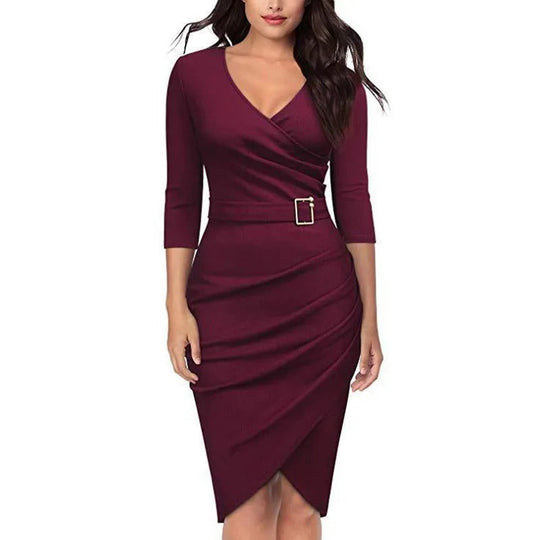 Kleid | Stilvolles Kleid mit V-Ausschnitt, hoher Taille, Gürtel und 3/4-Ärmeln für Damen, geeignet für Büro oder Partys