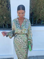 R&B | Satinierte Bedruckte Midi Kleid mit Langen Ärmeln für Frauen