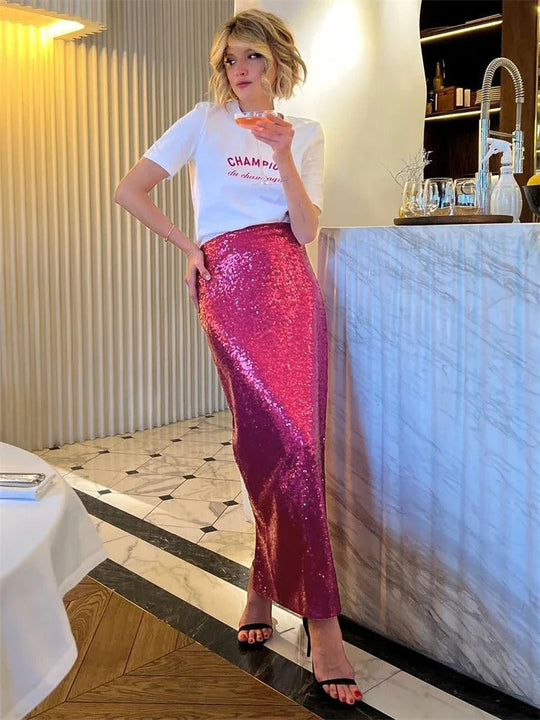 Rock | Trendy lange hohe Taille Rock mit Glitzer und Pailletten für Damen