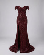 Glitzerndes Damen Abendkleid Schulterfreies Maxikleid mit Schlitz für Hochzeit & Fest | R&B