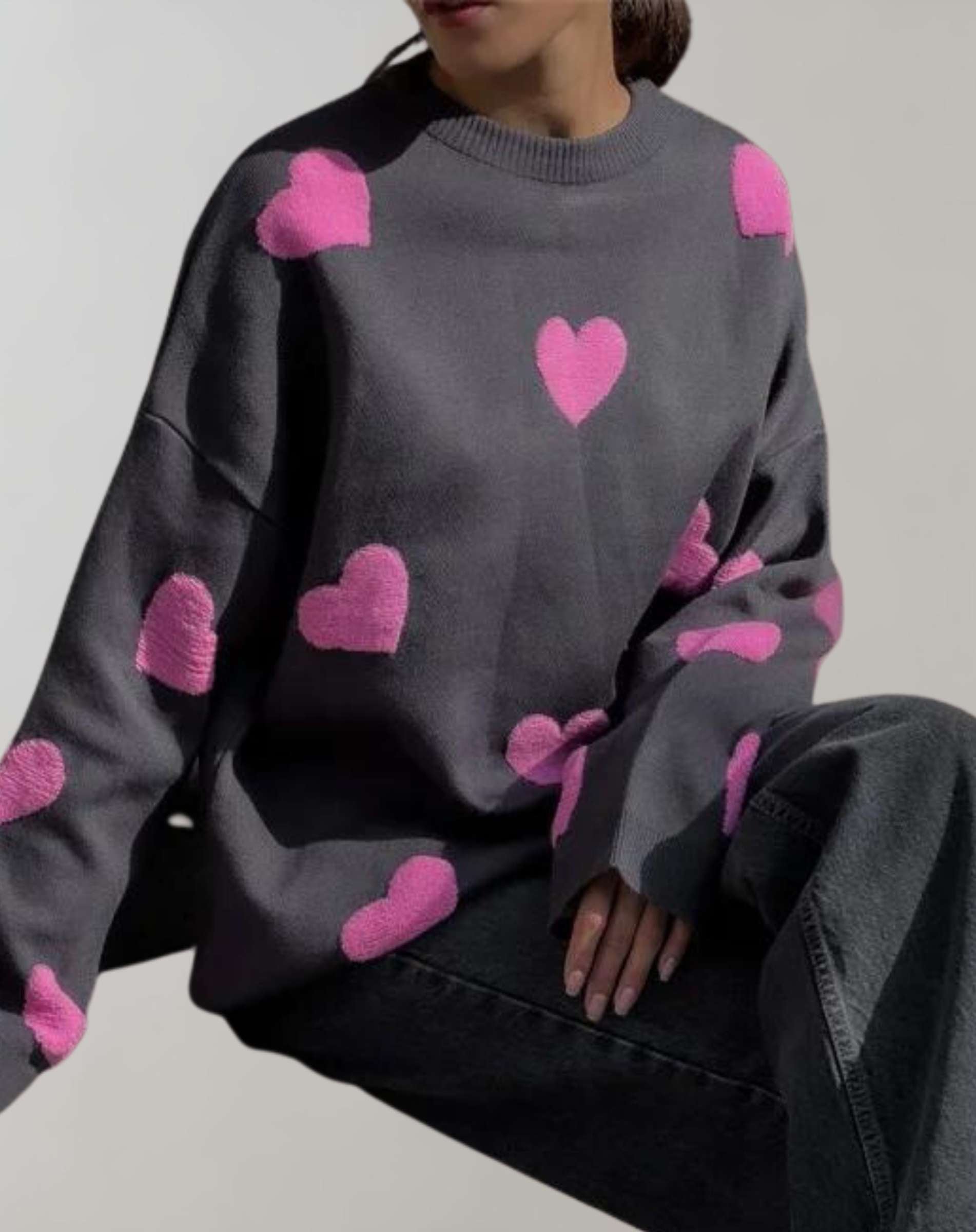 Vergie | Übergroßer Pullover mit Rundhalsausschnitt und Herzmuster Sweater
