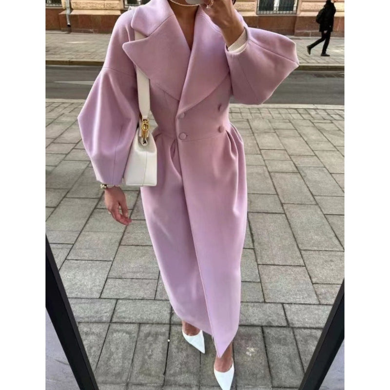 R&B | für Frauen - Langer Wollmix - Doppelt Knöpfbar mit Gürtel - Elegante Puffärmel