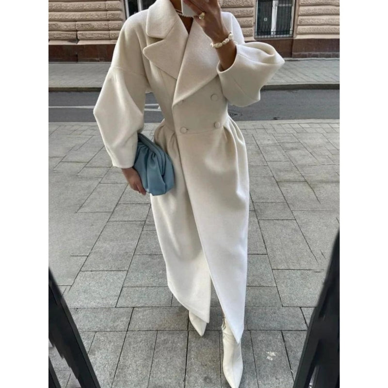R&B | für Frauen - Langer Wollmix - Doppelt Knöpfbar mit Gürtel - Elegante Puffärmel