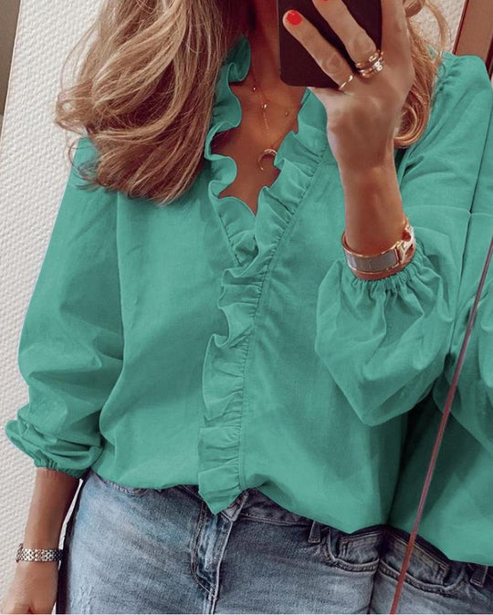 R&B | V-Ausschnitt Bluse mit Rüschen