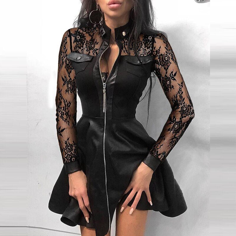 R&B | Leder-Reißverschluss Minikleid