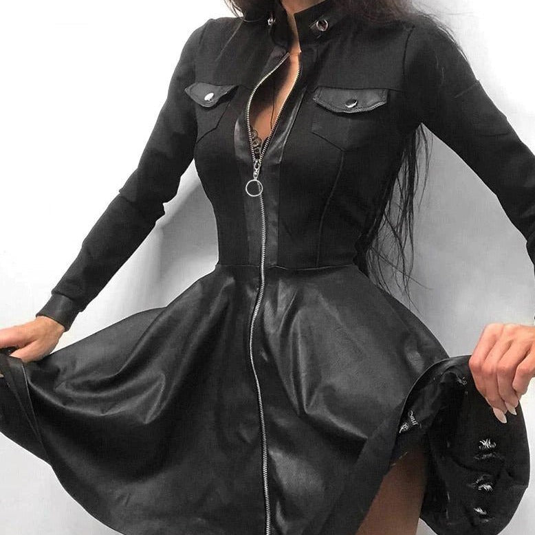 R&B | Leder-Reißverschluss Minikleid