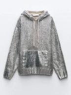 R&B | Schicker Damen Kapuzenpullover mit Metallic Rippbesatz und Folie