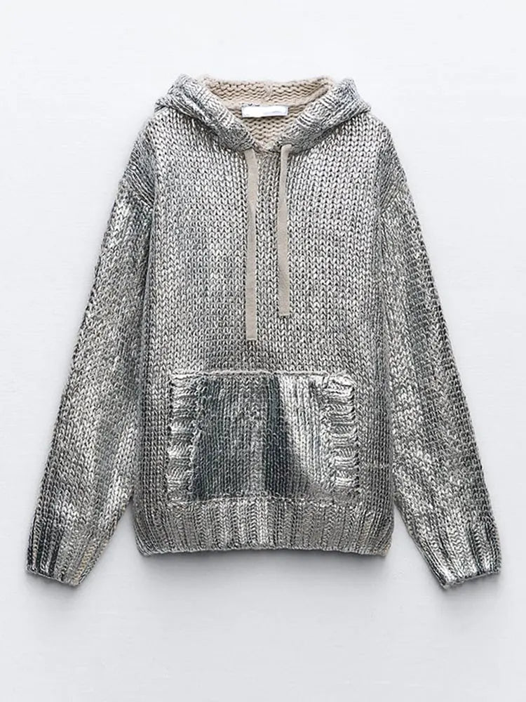 R&B | Schicker Damen Kapuzenpullover mit Metallic Rippbesatz und Folie