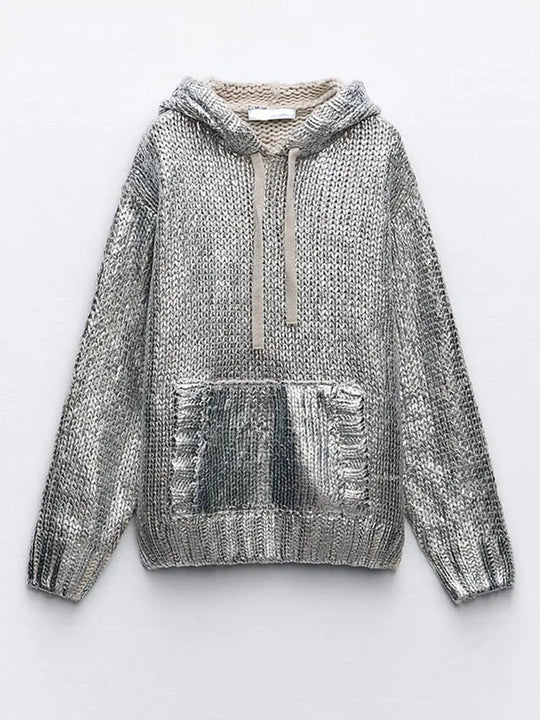 R&B | Schicker Damen Kapuzenpullover mit Metallic Rippbesatz und Folie