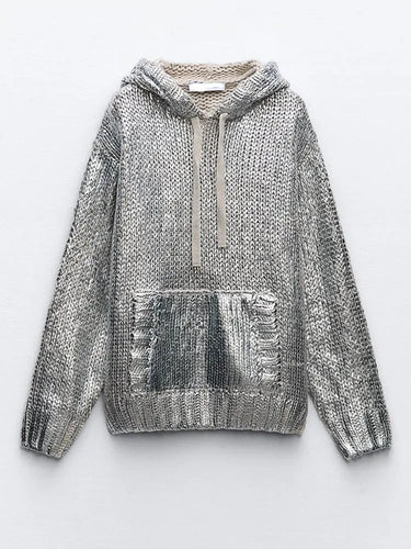 R&B | Schicker Damen Kapuzenpullover mit Metallic Rippbesatz und Folie