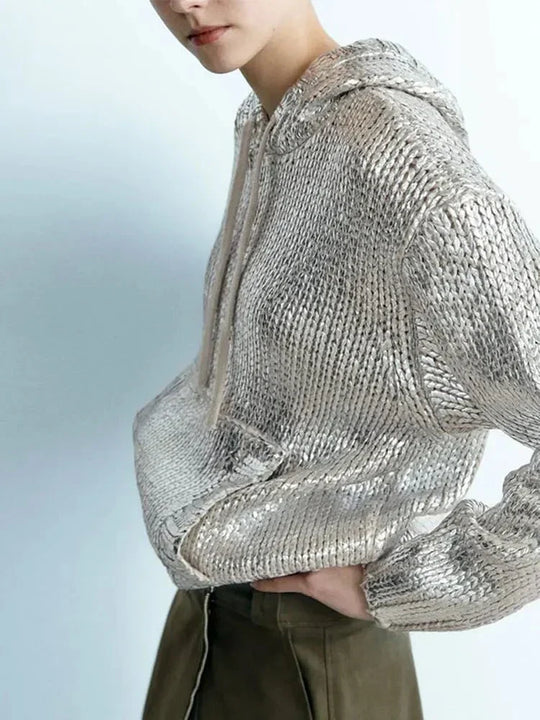 R&B | Schicker Damen Kapuzenpullover mit Metallic Rippbesatz und Folie