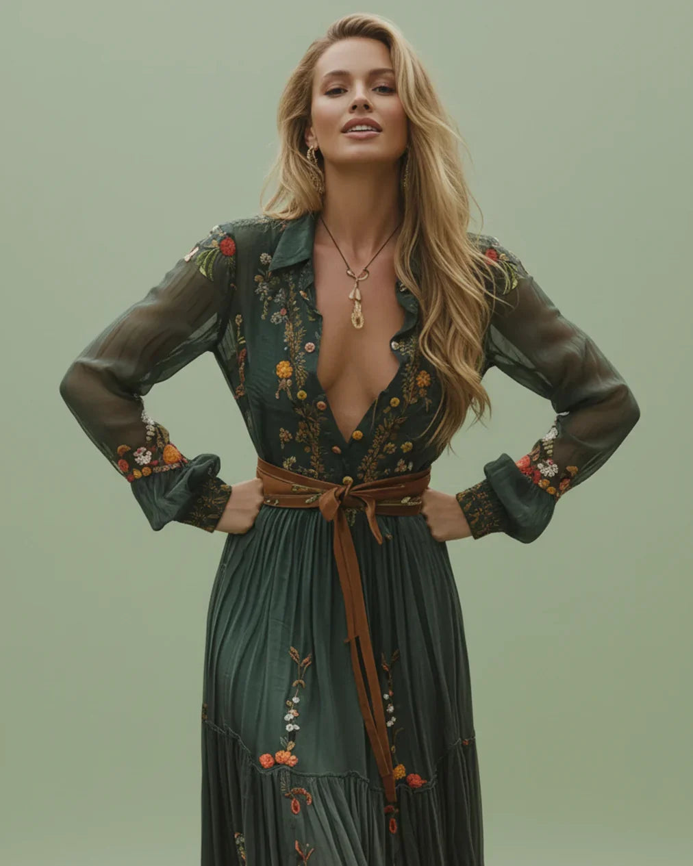 Boho Damen Maxikleid mit Niedrigem V-Ausschnitt und Langarm | R&B