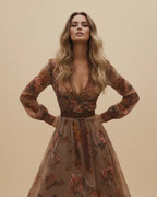 Boho Damen Maxikleid mit Niedrigem V-Ausschnitt und Langarm | R&B