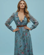 Boho Damen Maxikleid mit Niedrigem V-Ausschnitt und Langarm | R&B