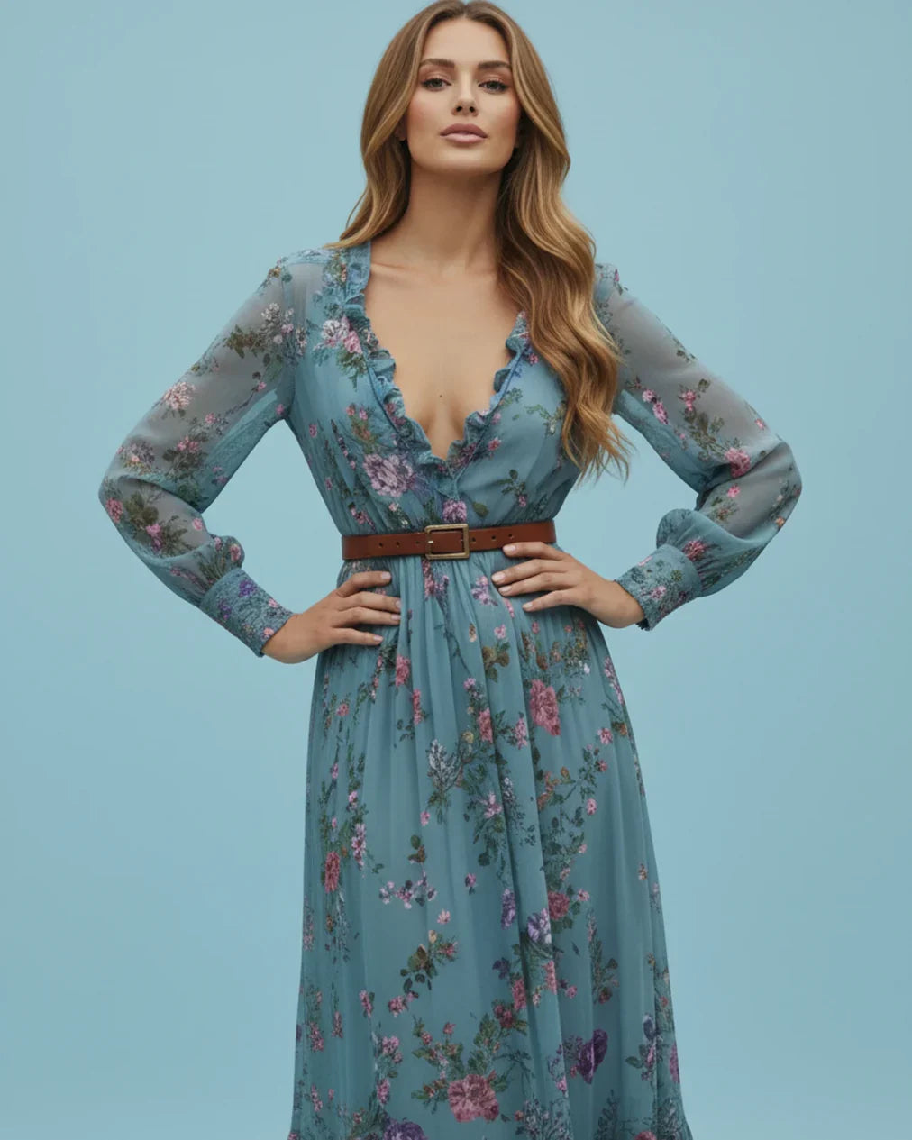 Boho Damen Maxikleid mit Niedrigem V-Ausschnitt und Langarm | R&B