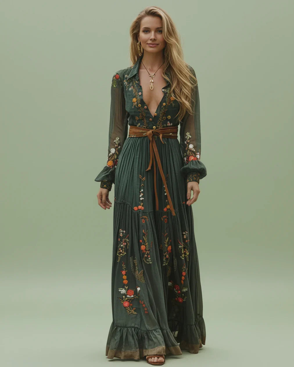 Boho Damen Maxikleid mit Niedrigem V-Ausschnitt und Langarm | R&B
