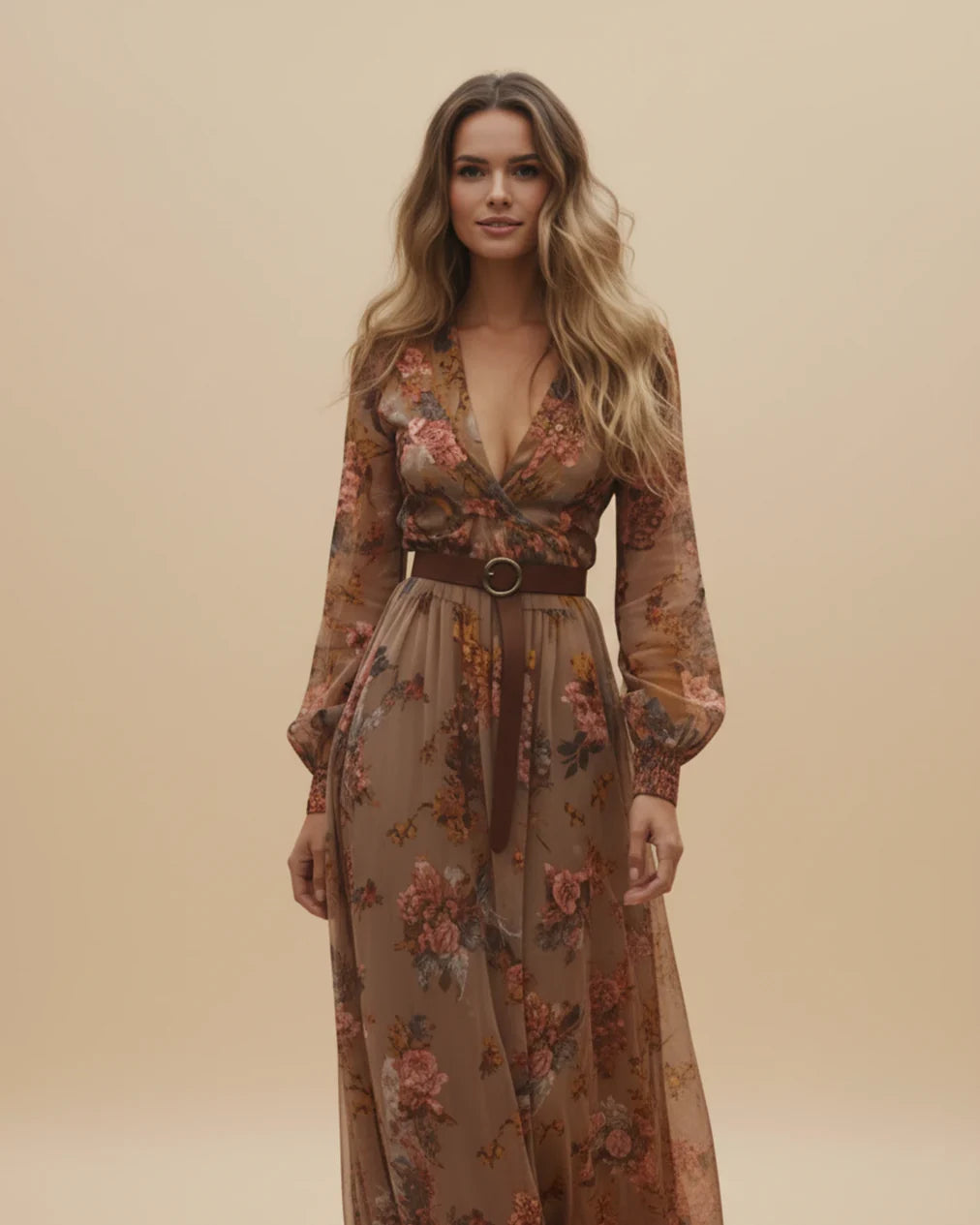 Boho Damen Maxikleid mit Niedrigem V-Ausschnitt und Langarm | R&B