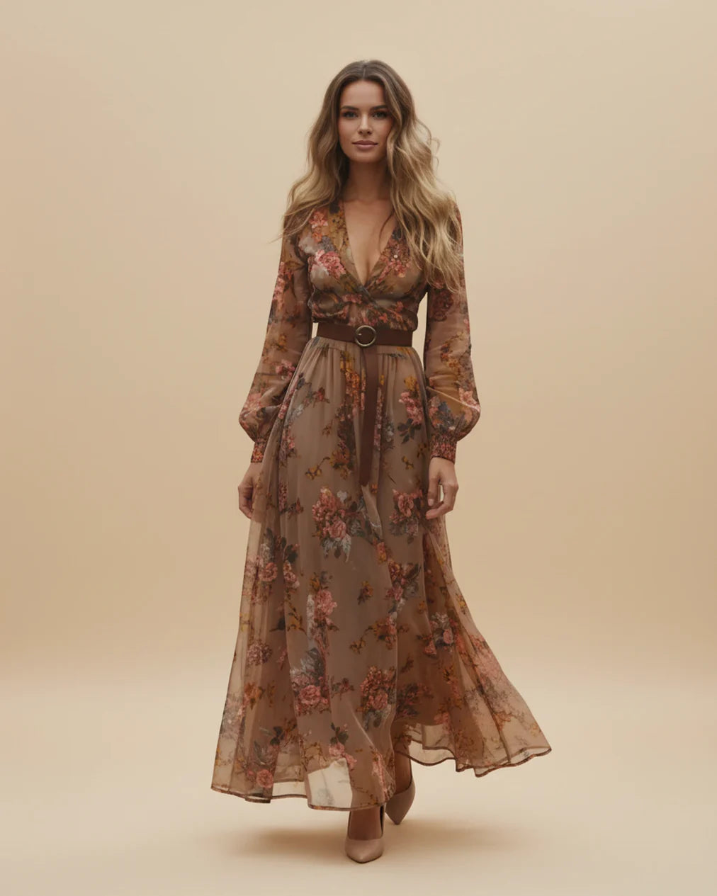 Boho Damen Maxikleid mit Niedrigem V-Ausschnitt und Langarm | R&B