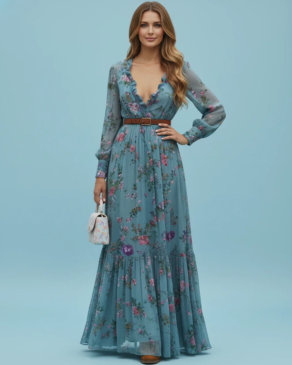Boho Damen Maxikleid mit Niedrigem V-Ausschnitt und Langarm | R&B