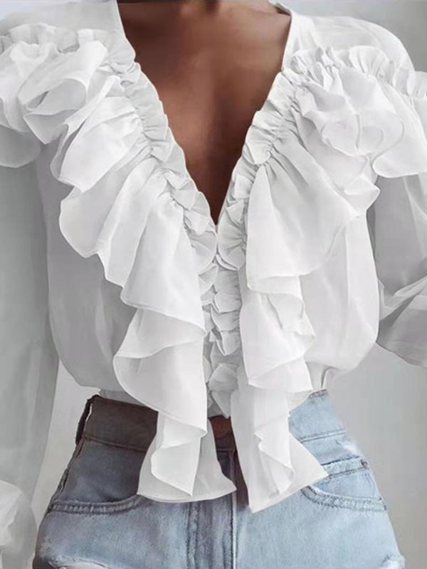R&B | Damenblusen Rüschenter V-Ausschnitt Chiffon Langärmlige Bluse