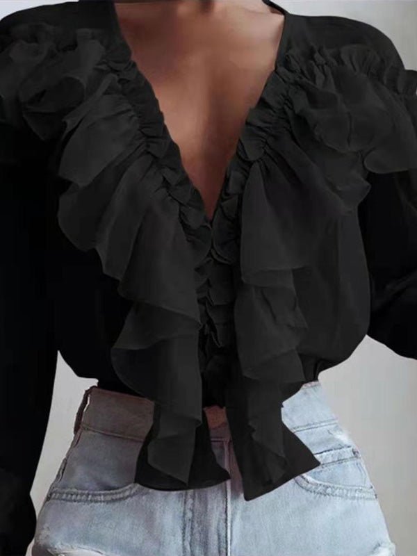 R&B | Damenblusen Rüschenter V-Ausschnitt Chiffon Langärmlige Bluse
