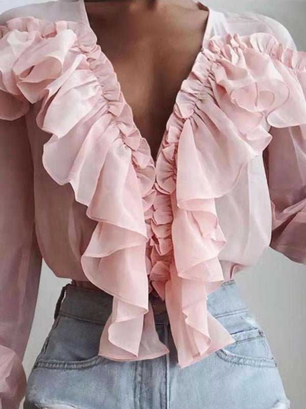 R&B | Damenblusen Rüschenter V-Ausschnitt Chiffon Langärmlige Bluse