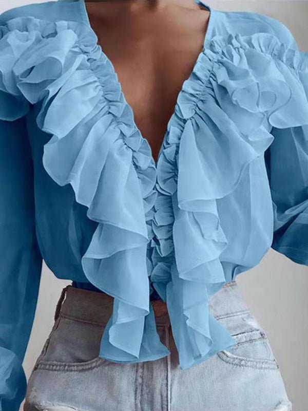 R&B | Damenblusen Rüschenter V-Ausschnitt Chiffon Langärmlige Bluse