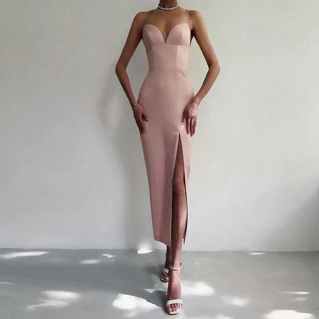 R&B | Midikleid mit V-Ausschnitt und Spaghettiträgern
