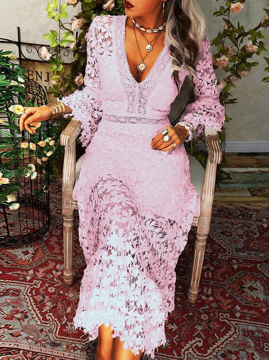 R&B | Damen Kleider Hollow Lace V-Ausschnitt Langarm Kleid