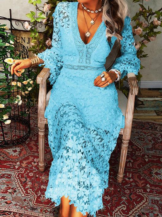 R&B | Damen Kleider Hollow Lace V-Ausschnitt Langarm Kleid