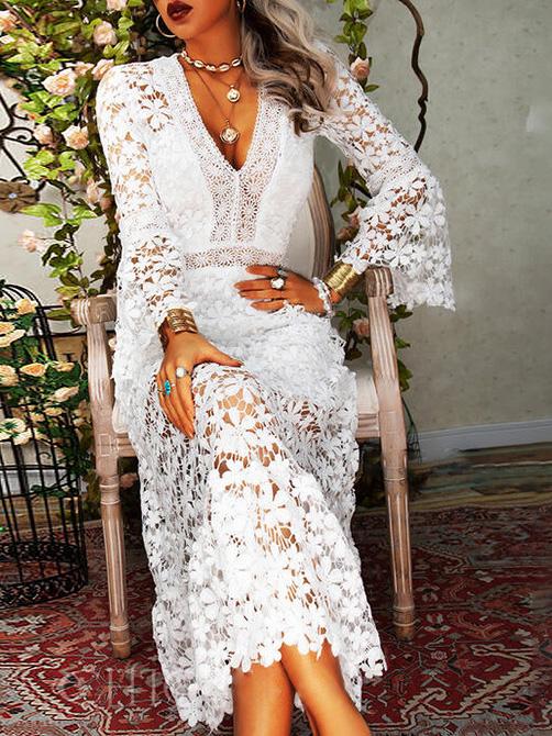 R&B | Damen Kleider Hollow Lace V-Ausschnitt Langarm Kleid
