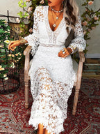 R&B | Damen Kleider Hollow Lace V-Ausschnitt Langarm Kleid
