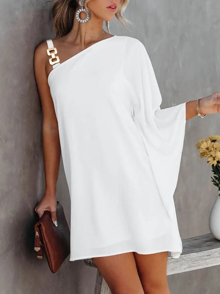 R&B | Damenkleider Solid Metallträger Off-Shoulder Puppenärmel Kleid