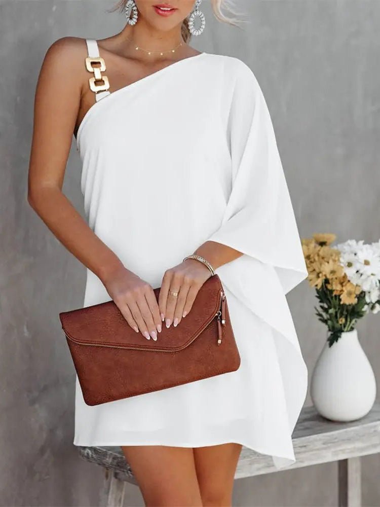 R&B | Damenkleider Solid Metallträger Off-Shoulder Puppenärmel Kleid
