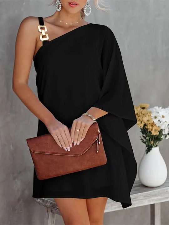 R&B | Damenkleider Solid Metallträger Off-Shoulder Puppenärmel Kleid