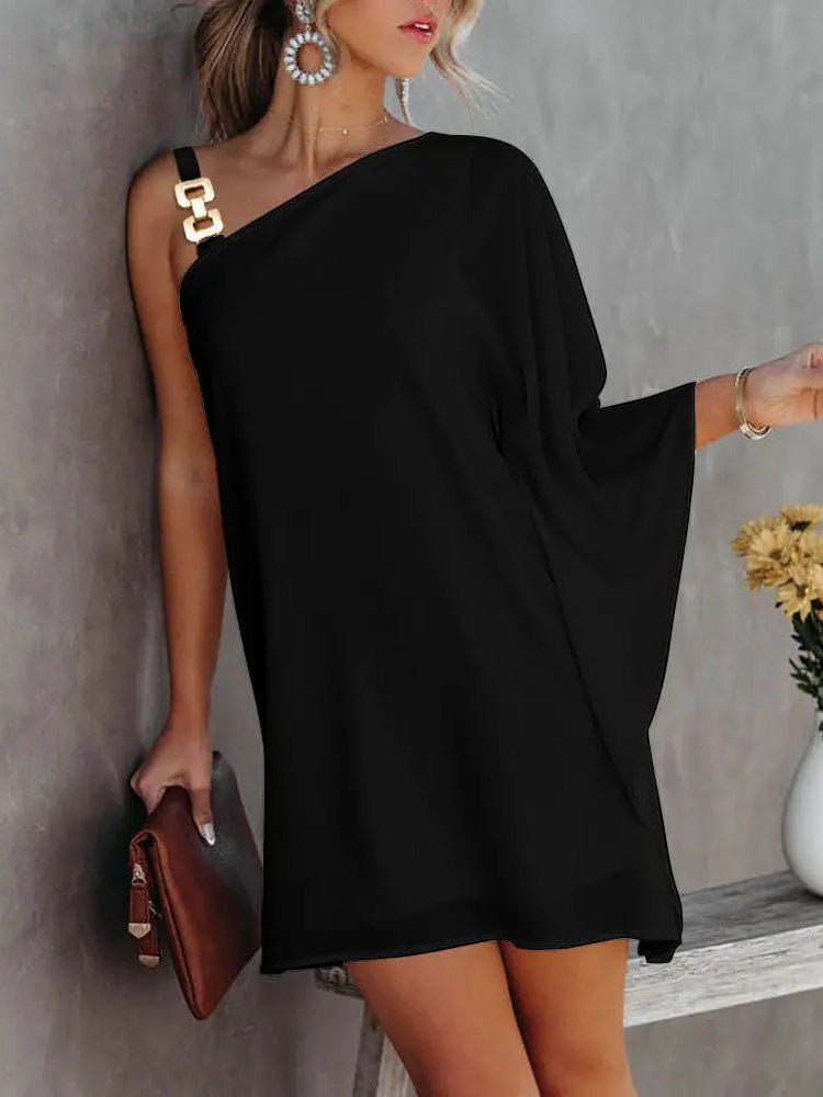 R&B | Damenkleider Solid Metallträger Off-Shoulder Puppenärmel Kleid
