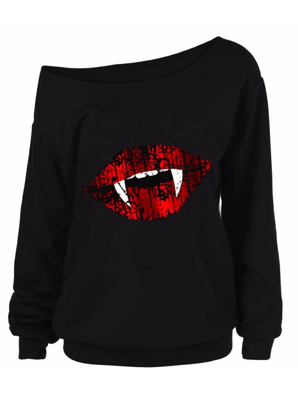 R&B| Damen Halloween Druck Langarm Herbst schräger Schulter Oberteil T-Shirt