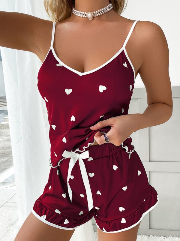 R&B| Damen Herz Druck Spaghettiträger + Shorts Pyjama Zwei-Teiliges Set