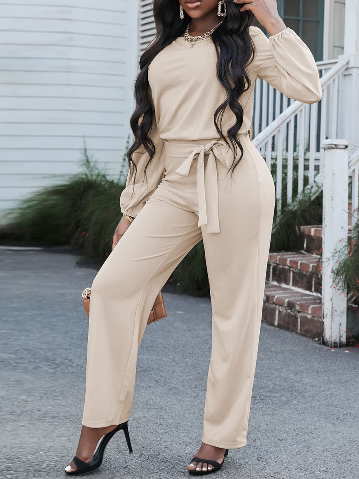 R&B | Damen Jumpsuits Einfarbig Langarm Gürtel Lässiger Jumpsuit
