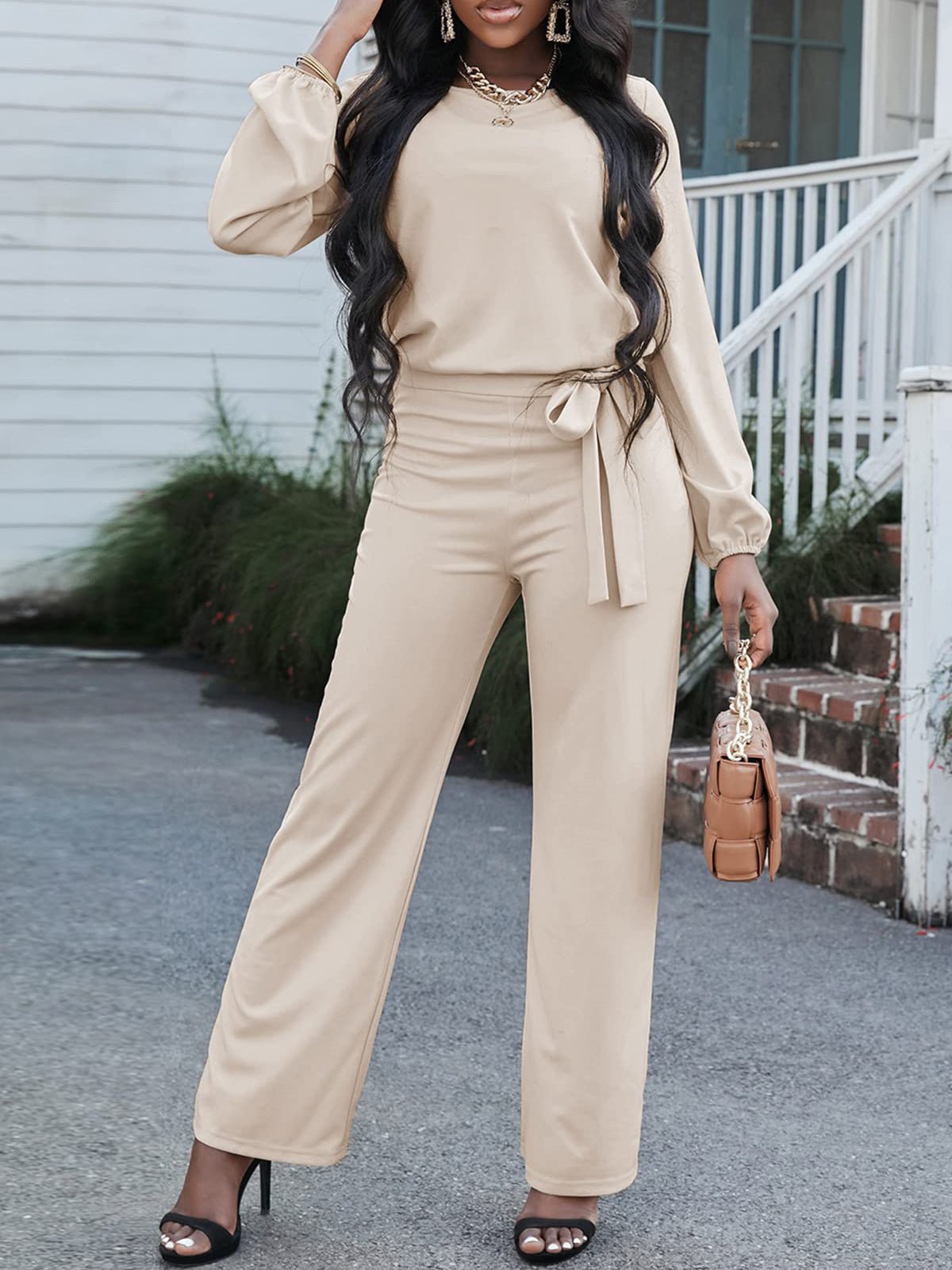 R&B | Damen Jumpsuits Einfarbig Langarm Gürtel Lässiger Jumpsuit