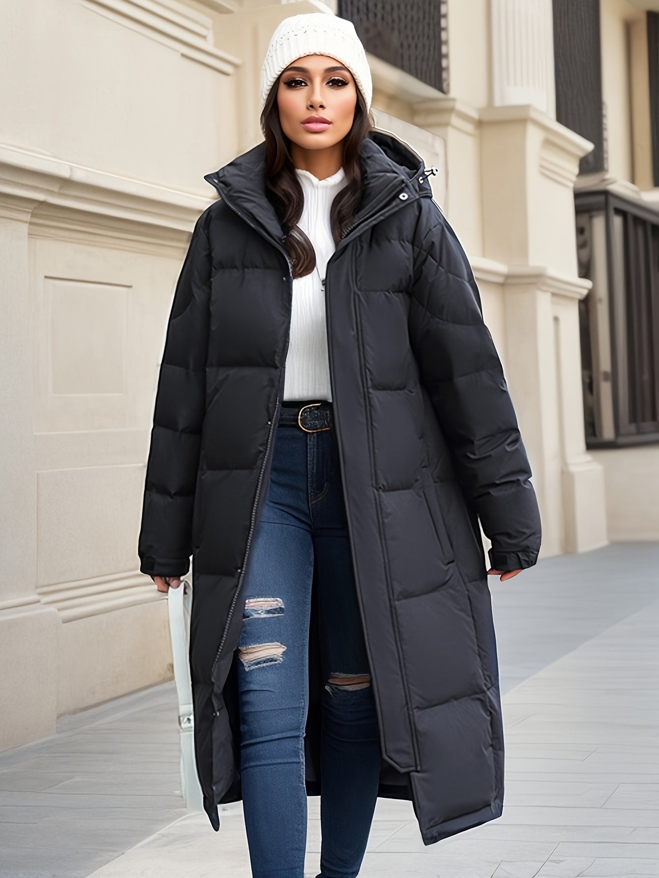 R&B | Damen Langer Daunenmantel mit Kapuze für Herbst/Winter