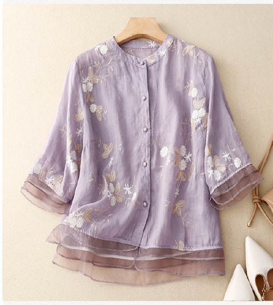 R&B | Bestickte Baumwoll Leinen Bluse