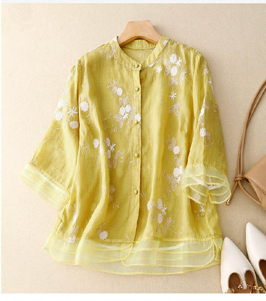R&B | Bestickte Baumwoll Leinen Bluse