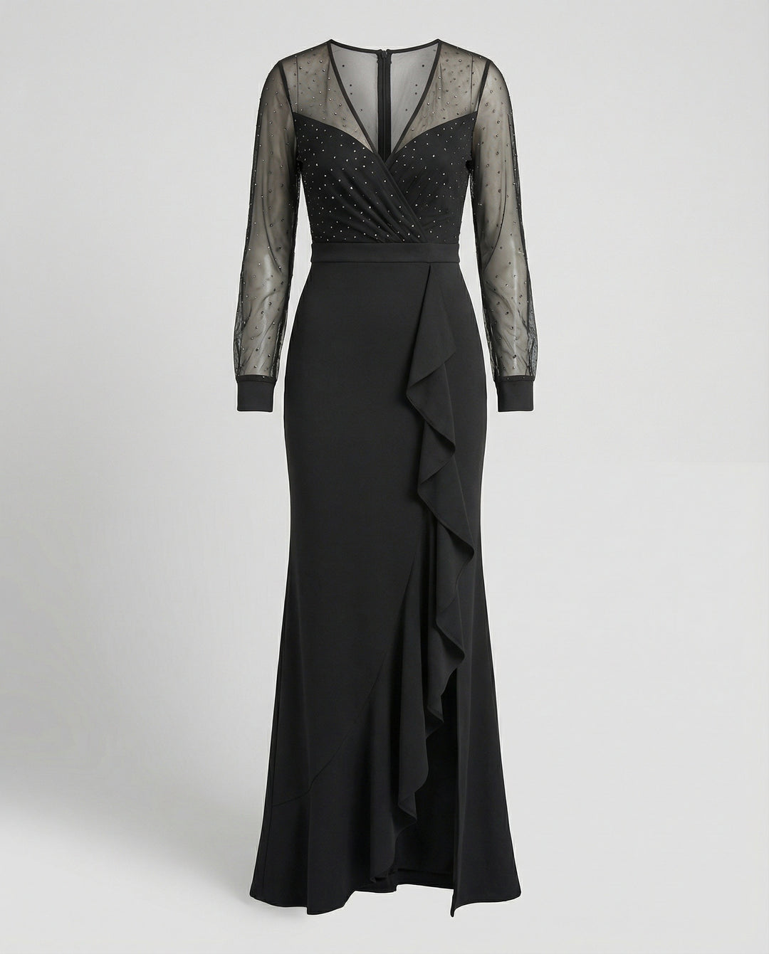 Langes, Glänzendes, Mit Pailletten Gerüschtes, Elegantes Abendkleid In Schwarz