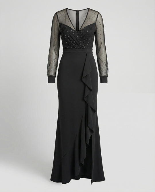 Langes, Glänzendes, Mit Pailletten Gerüschtes, Elegantes Abendkleid In Schwarz