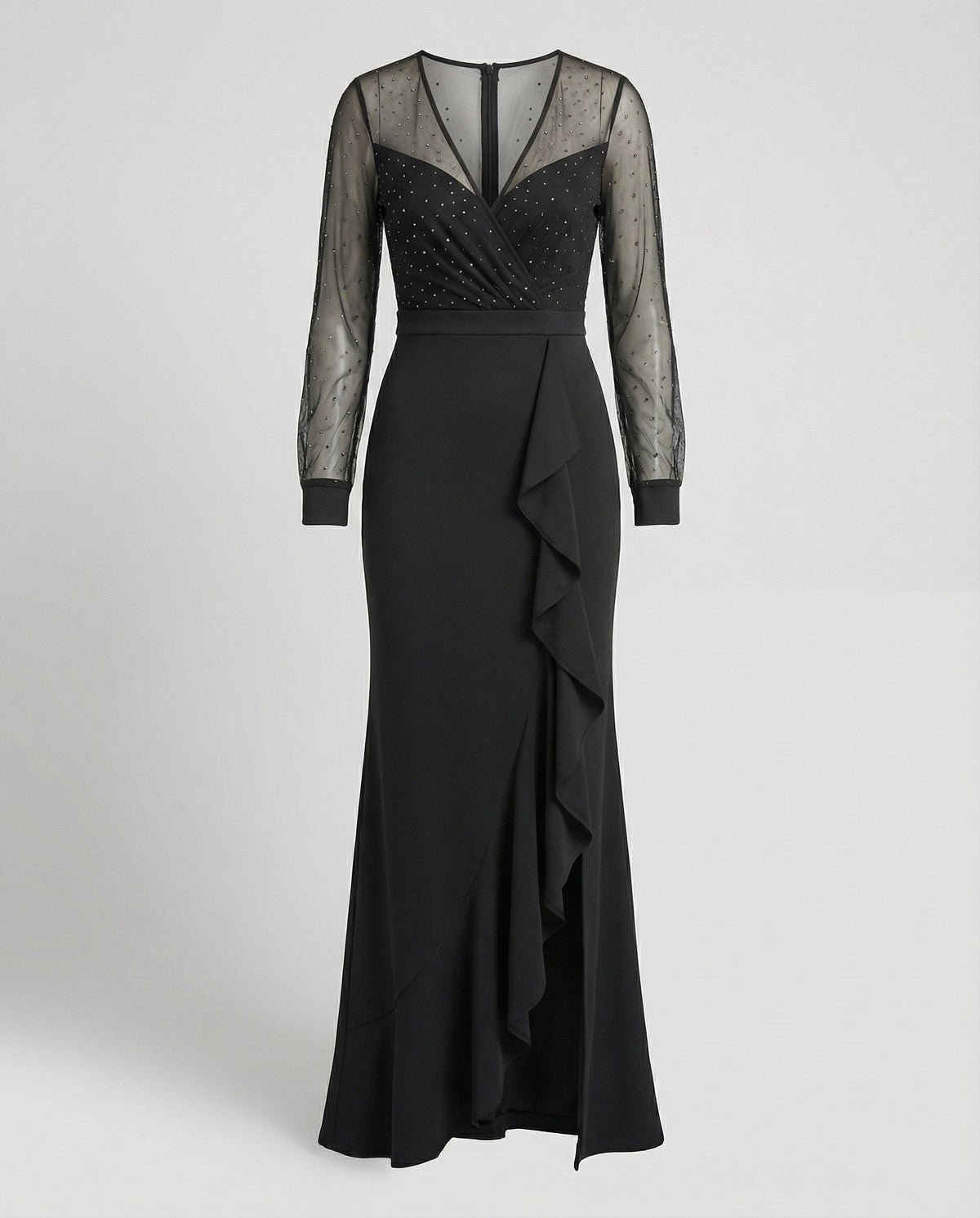 Langes, Glänzendes, Mit Pailletten Gerüschtes, Elegantes Abendkleid In Schwarz