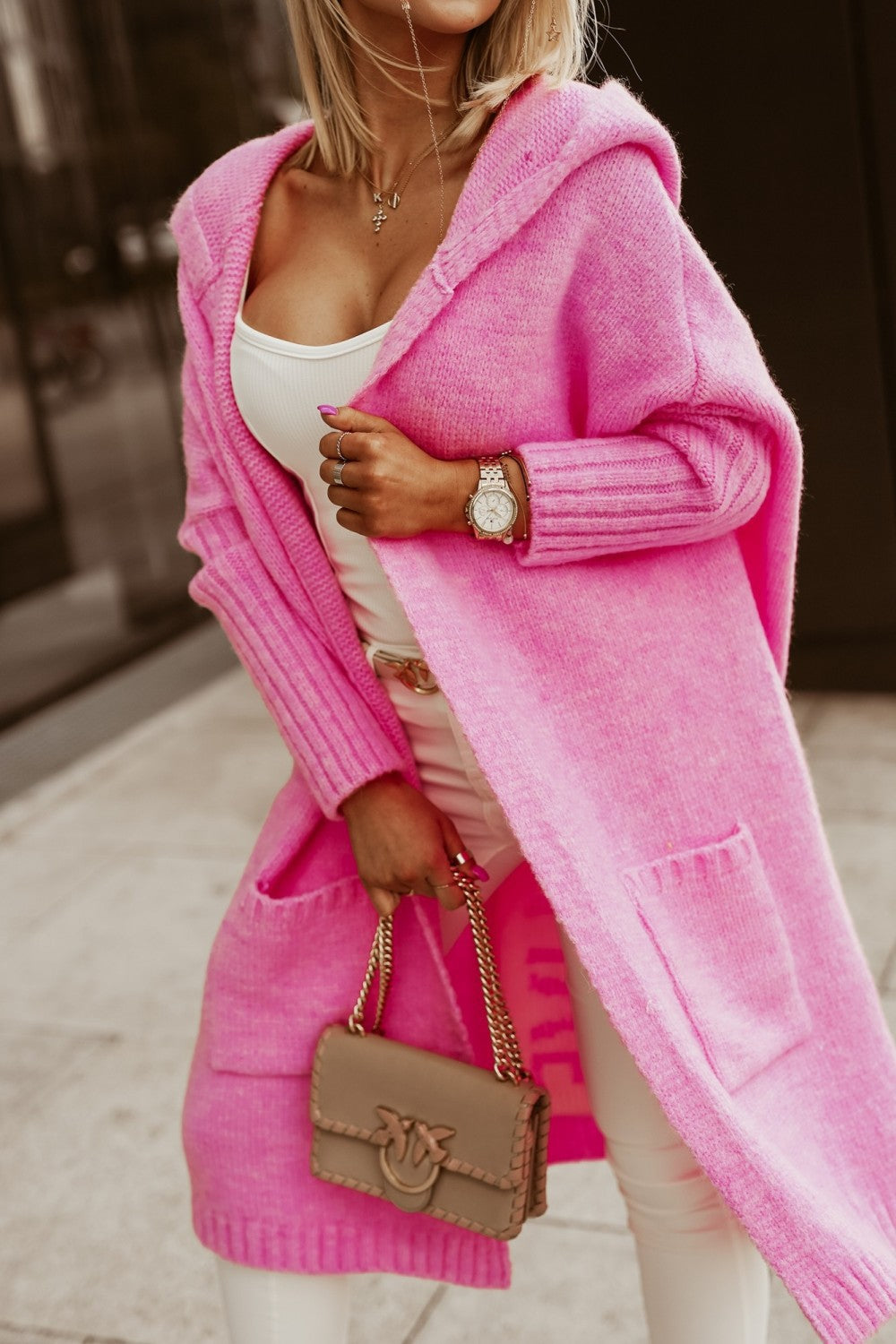 R&B | gestrickte Jacke mit Kapuze Damen - stylische lange Winterjacke