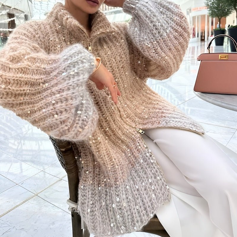 R&B | Stylischer Gestrickter Glitzerpullover mit Reißverschluss
