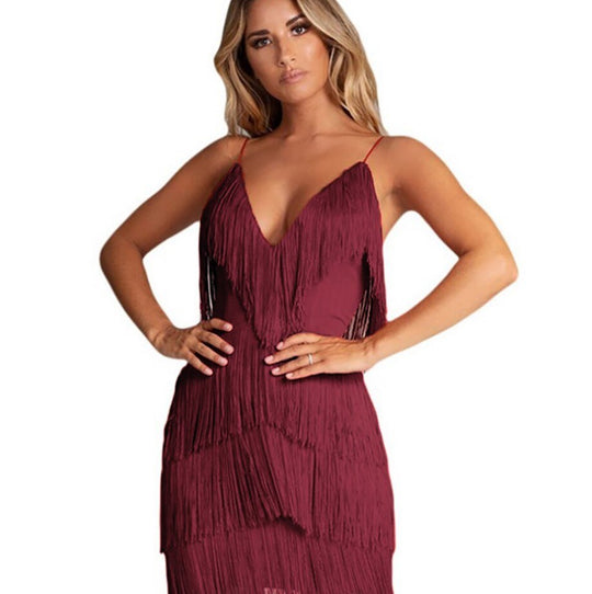 Sexy Fransen Minikleid mit Tiefem V-Ausschnitt für Club & Party | R&B
